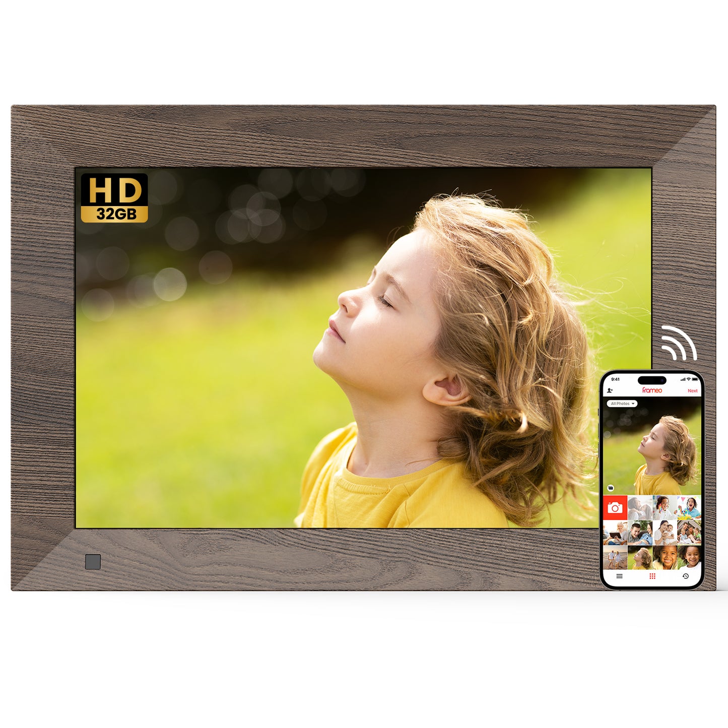 SONVGOO 10.1 inch Wifi Digital Photo Frame, 1280*800 IPS HD Touch Screen Cloud Photo Frame with 32GB, Wooden Brown